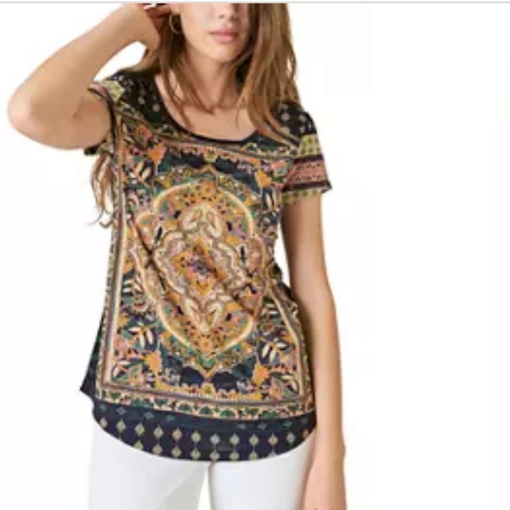 Lucky Brand Top Womens Medium Blue Multicolor Persian Carpet Tee Casual - Picture 15 of 15